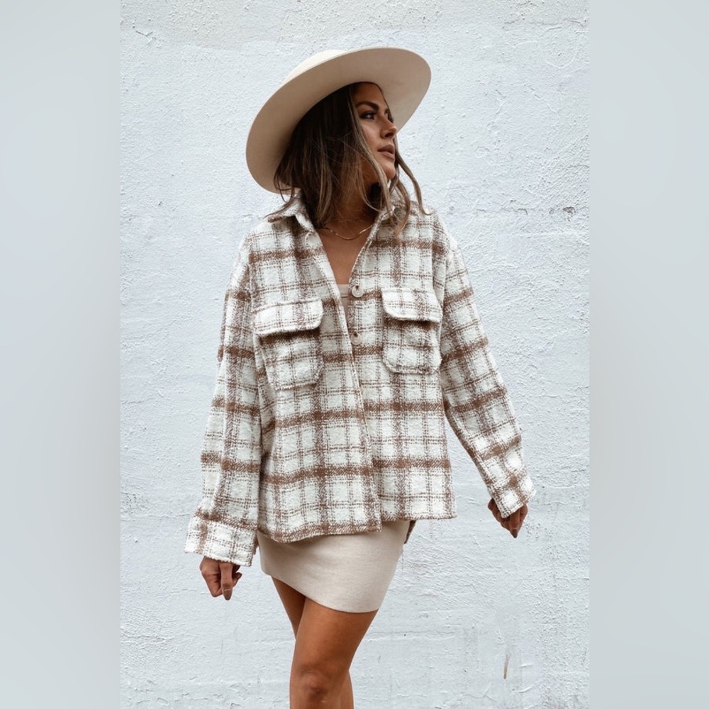 Polagram Tweed Textured Oversized Shacket Jacket Plaid‎ Brown Cream 2XL